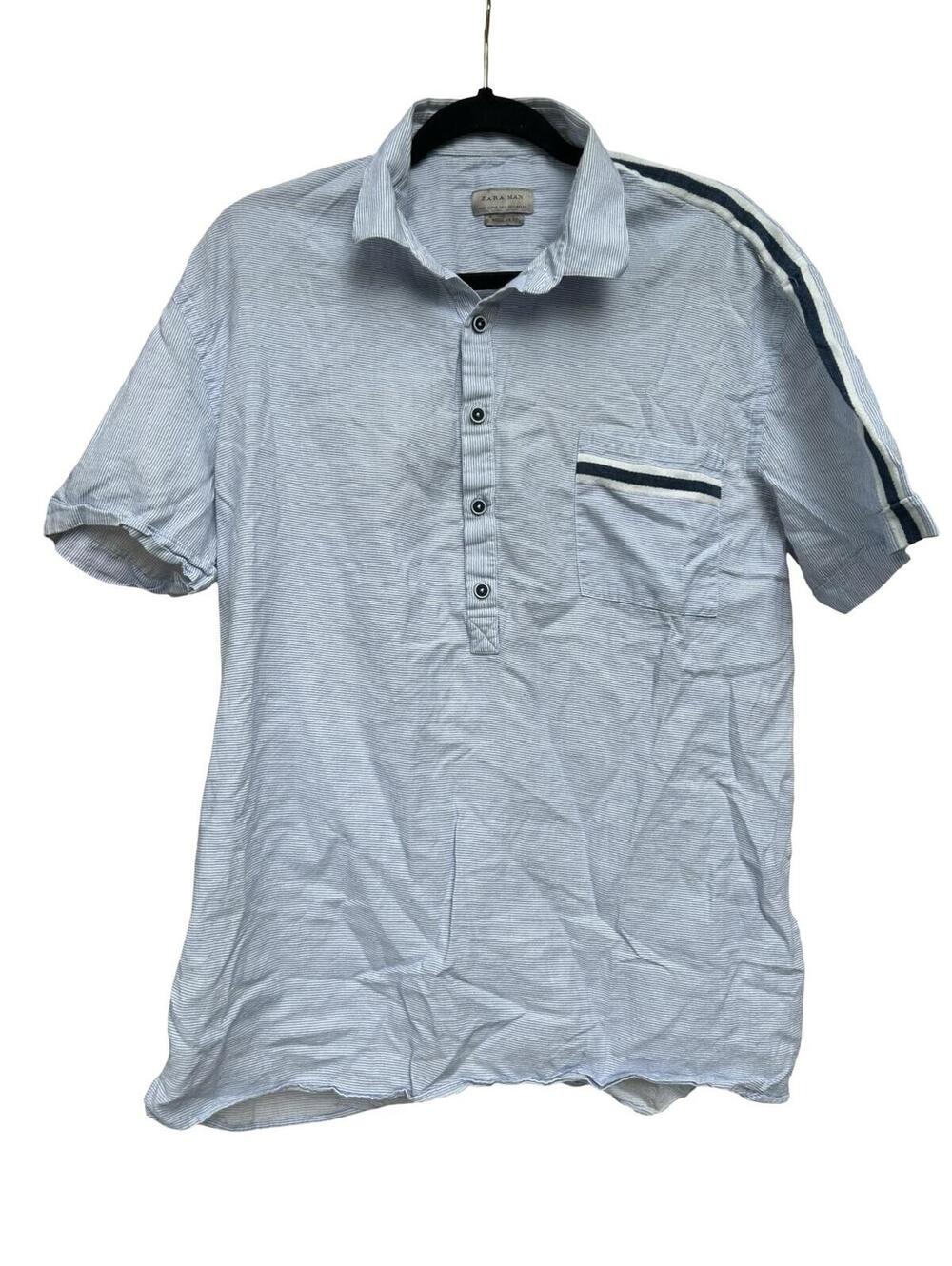 Zara Man Blue White Striped Short Sleeve Button Shirt Pocket Accent XL